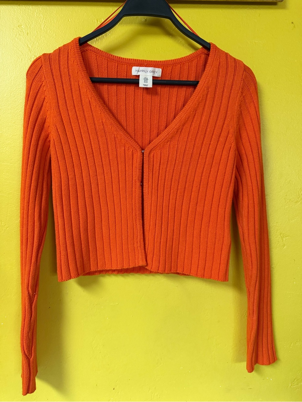 Happily Grey Orange Ribbed V-Neck Cropped Cardigan
